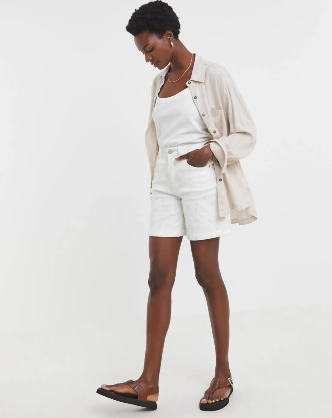 White Floral Embroidered Denim Shorts