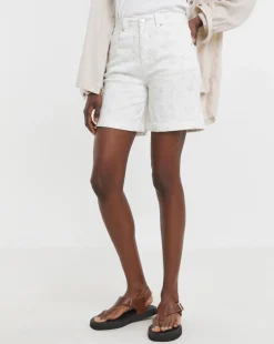 White Floral Embroidered Denim Shorts