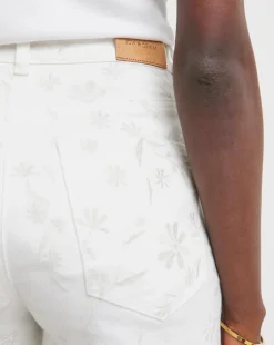 White Floral Embroidered Denim Shorts