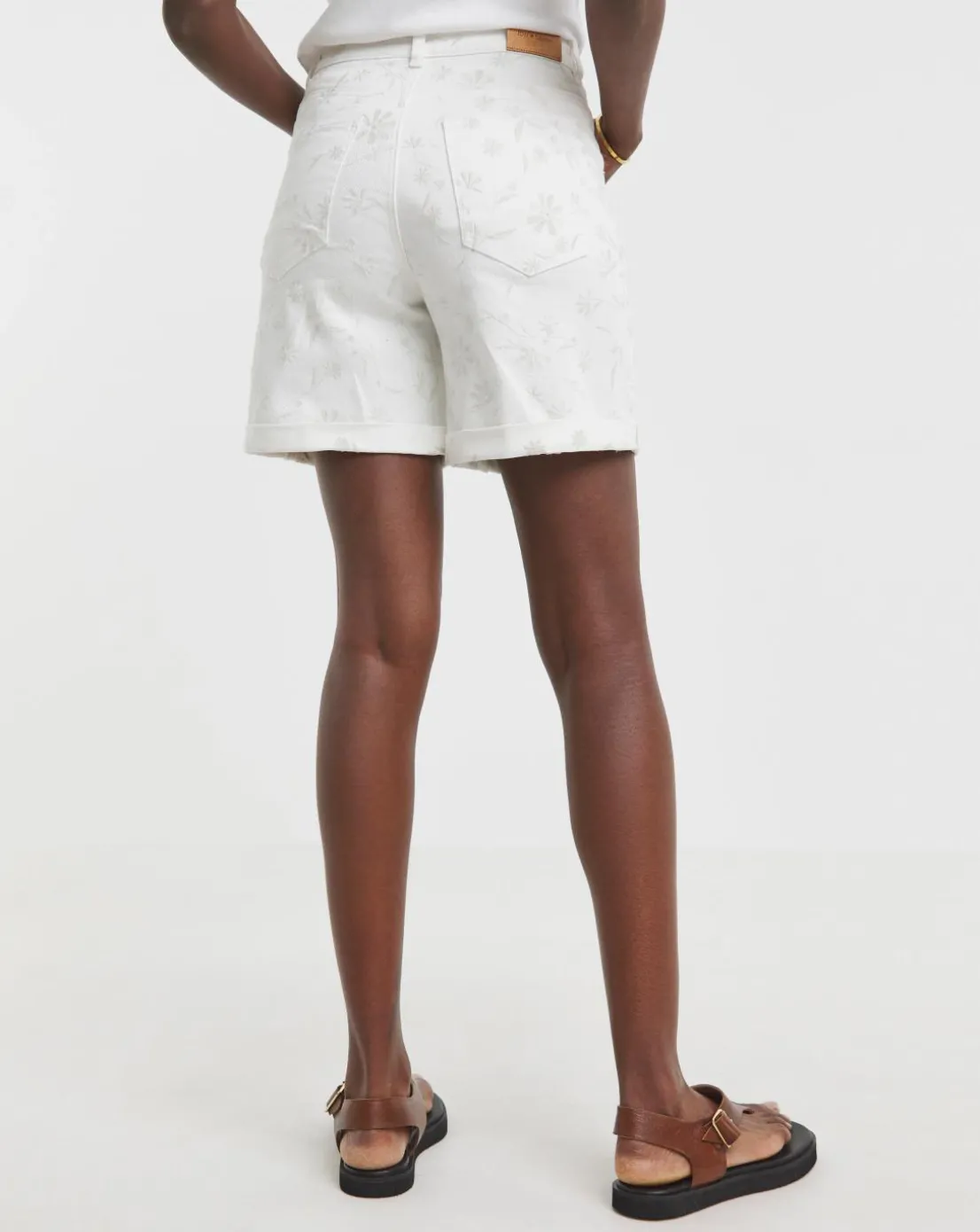 White Floral Embroidered Denim Shorts