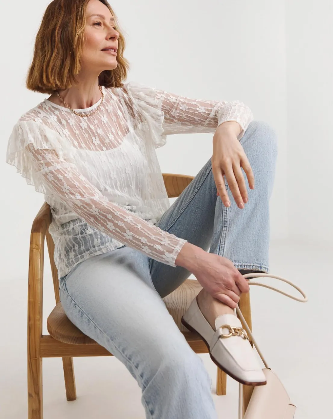 White Lace High Neck Long Sleeve Top