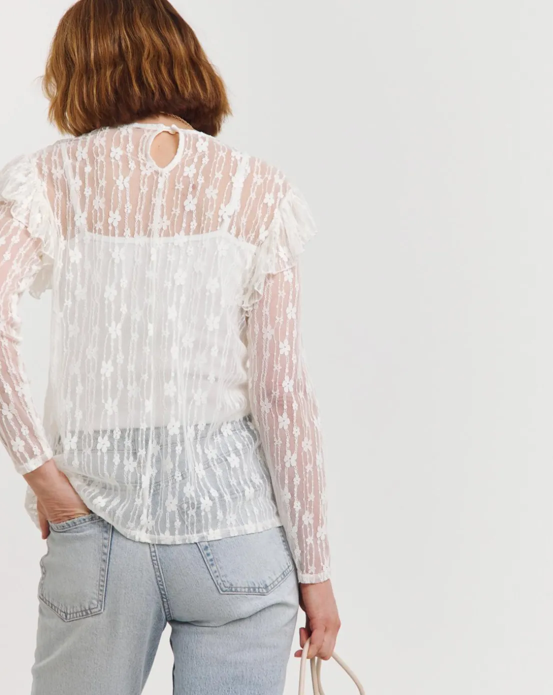 White Lace High Neck Long Sleeve Top