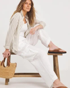 White Linen Wide Leg Utility Trousers
