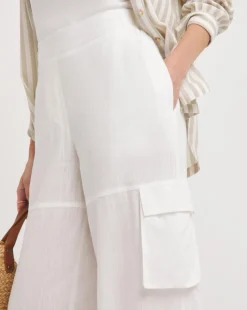 White Linen Wide Leg Utility Trousers