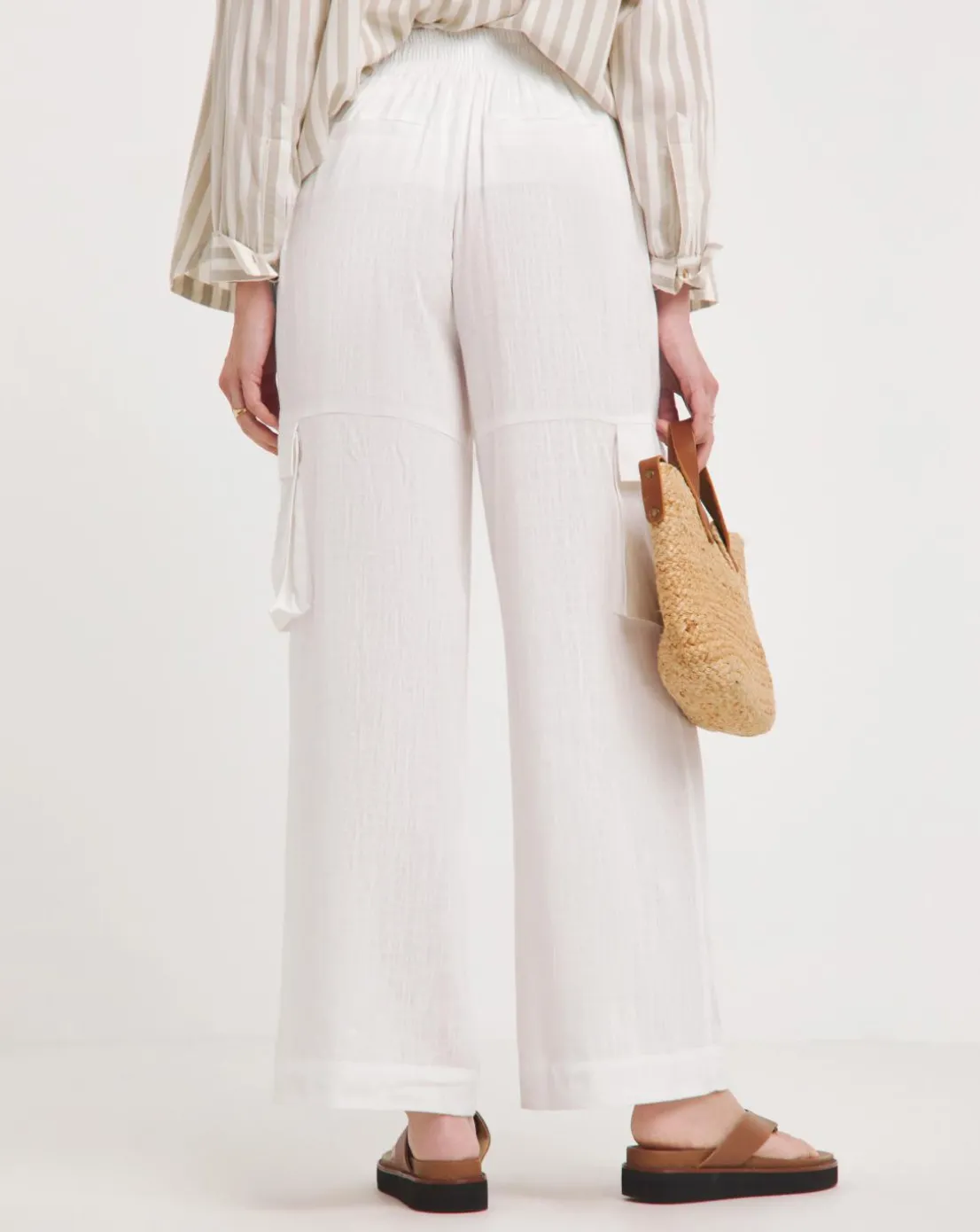 White Linen Wide Leg Utility Trousers