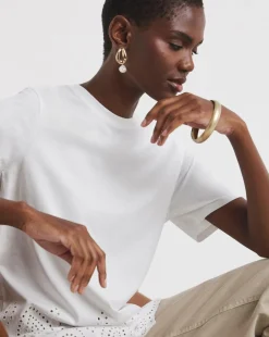 White Short Sleeve Broderie Hem Top