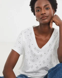 White V-Neck Broderie Short Sleeve T-Shirt