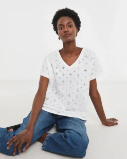 White V-Neck Broderie Short Sleeve T-Shirt