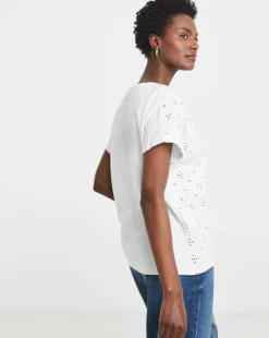 White V-Neck Broderie Short Sleeve T-Shirt