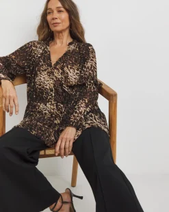 Womens Asymmetric Frill Long Sleeve Blouse - Blue Abstract