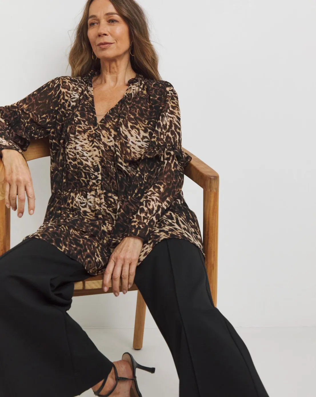 Womens Asymmetric Frill Long Sleeve Blouse - Blue Abstract