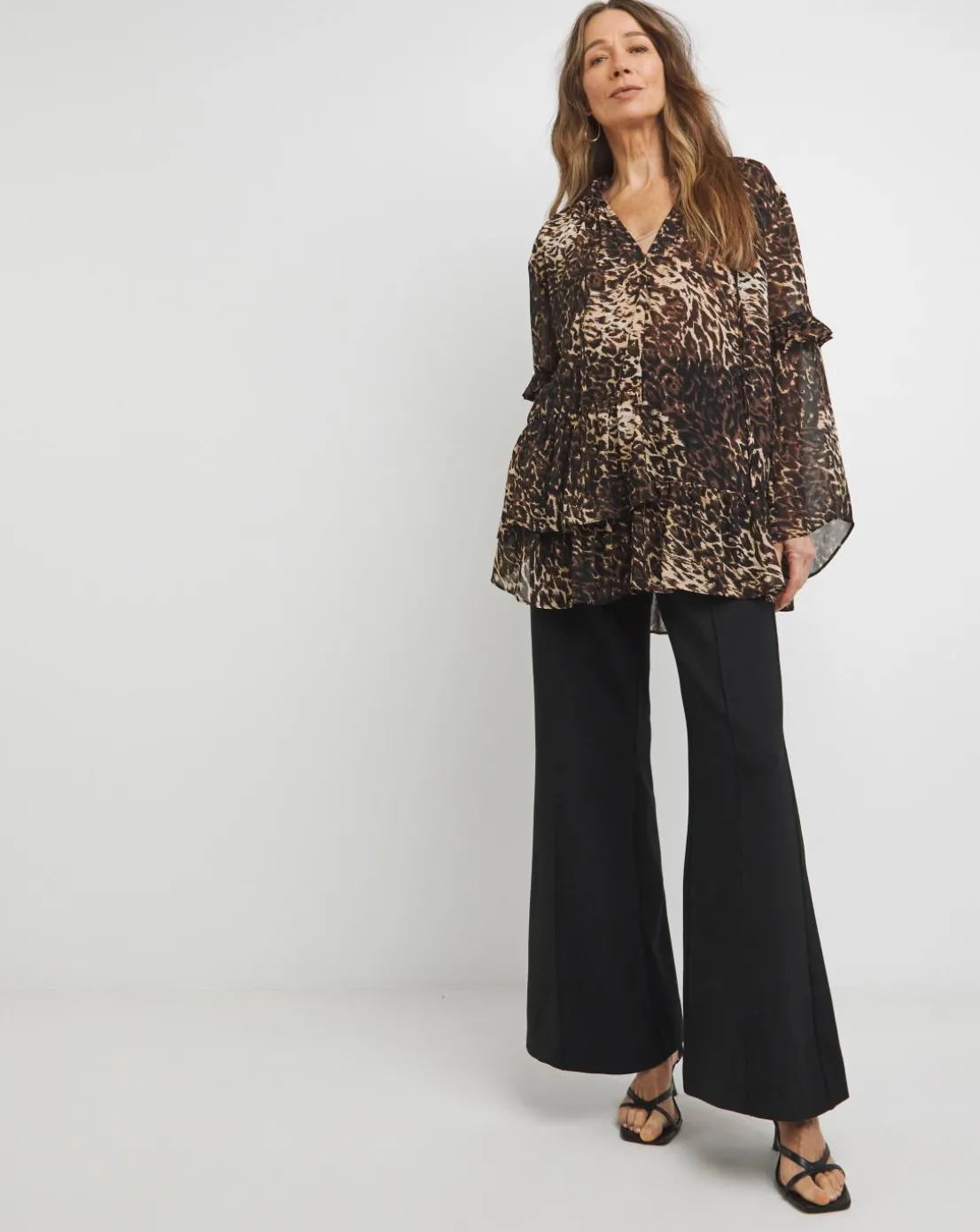 Womens Asymmetric Frill Long Sleeve Blouse - Blue Abstract