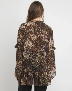 Womens Asymmetric Frill Long Sleeve Blouse - Blue Abstract