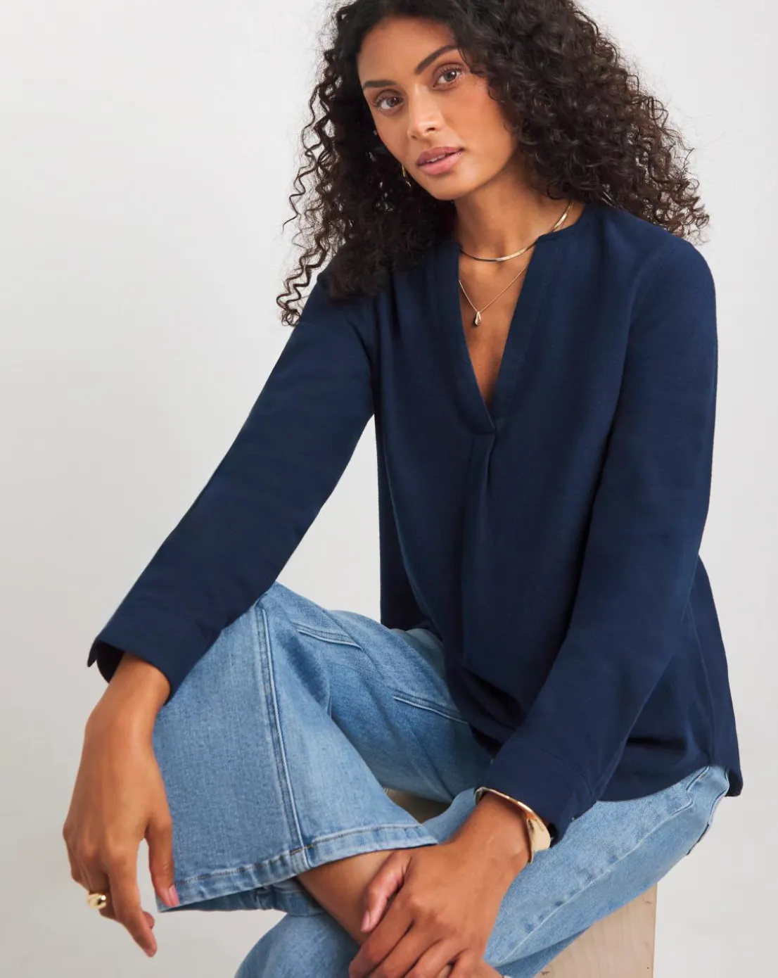Womens Brushed Cotton V Neck Long Sleeve Blouse - Navy