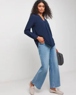 Womens Brushed Cotton V Neck Long Sleeve Blouse - Navy