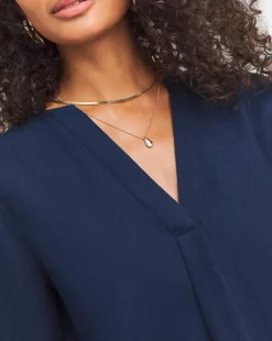 Womens Brushed Cotton V Neck Long Sleeve Blouse - Navy