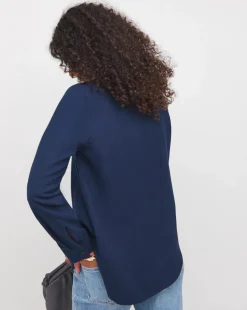 Womens Brushed Cotton V Neck Long Sleeve Blouse - Navy