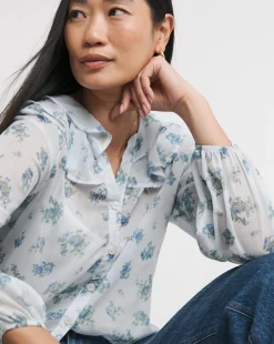 Womens Chiffon Frill Neck Long Sleeve Blouse - Blue Print