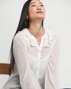 Womens Chiffon Frill Neck Long Sleeve Blouse - Ivory