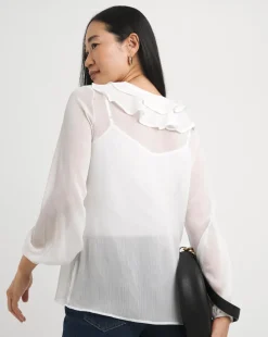 Womens Chiffon Frill Neck Long Sleeve Blouse - Ivory