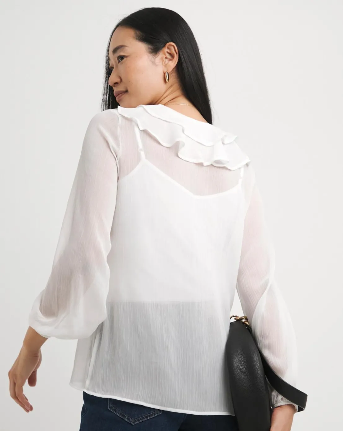 Womens Chiffon Frill Neck Long Sleeve Blouse - Ivory