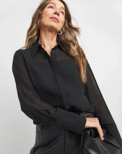 Womens Chiffon Mix Long Sleeve Shirt - Black