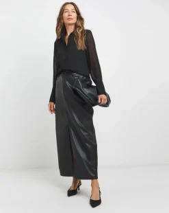 Womens Chiffon Mix Long Sleeve Shirt - Black