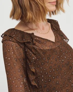 Womens Chiffon Ruffle Detail Blouse - Leopard Floral