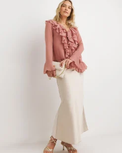 Womens Chiffon Ruffle Detail Blouse - Berry