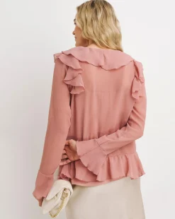 Womens Chiffon Ruffle Detail Blouse - Berry