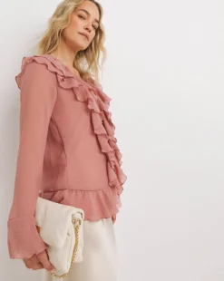 Womens Chiffon Ruffle Detail Blouse - Berry