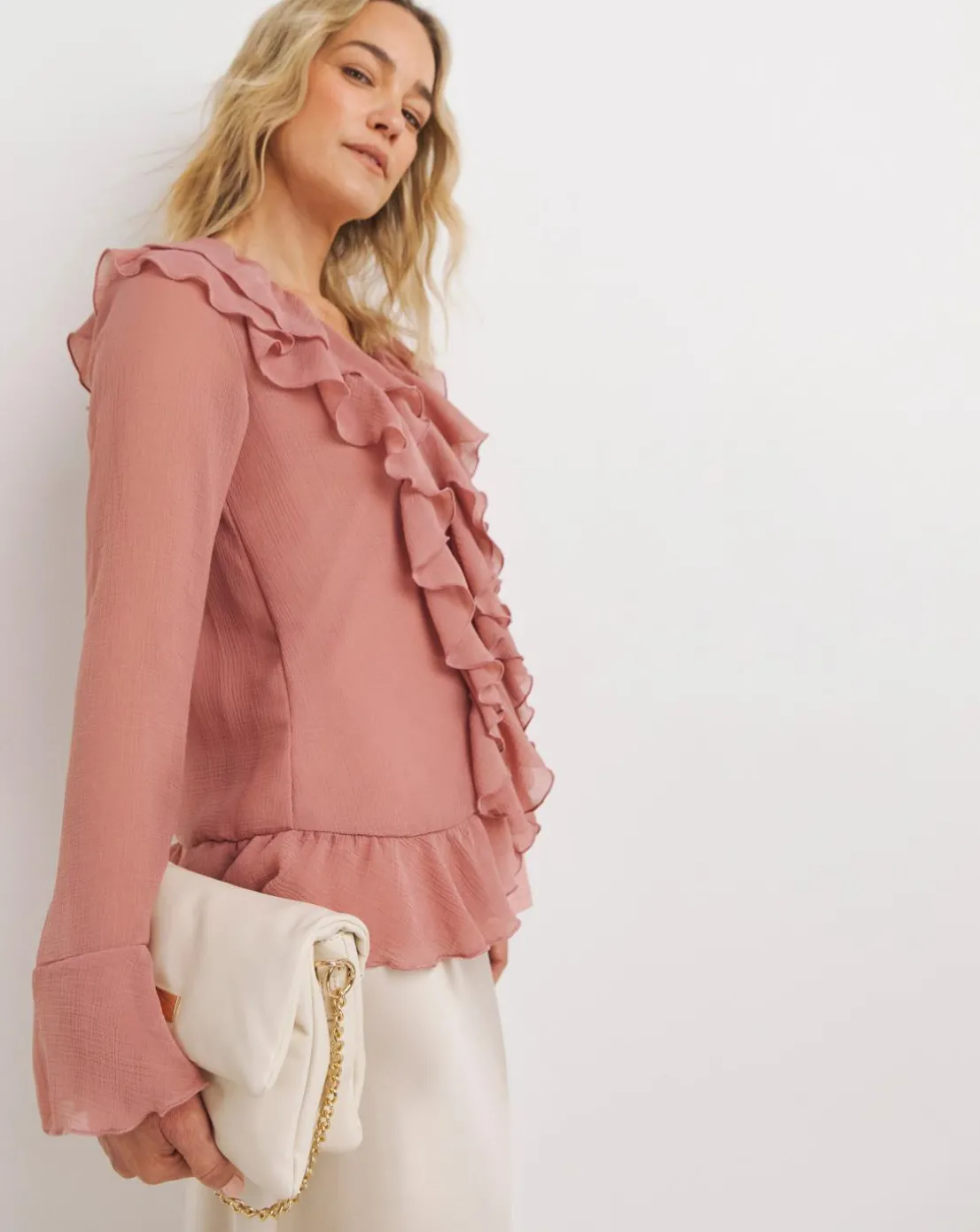 Womens Chiffon Ruffle Detail Blouse - Berry