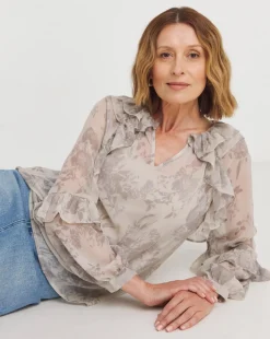 Womens Chiffon Ruffle Detail Blouse - Cream Floral