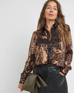 Womens Classic Satin Long Sleeve Shirt - Snake Print