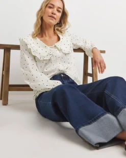 Womens Collar Detail Frill Button Through Blouse - Cream Spot