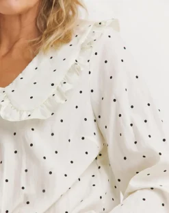 Womens Collar Detail Frill Button Through Blouse - Cream Spot
