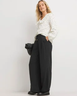 Womens Collar Detail Frill Button Through Blouse - Cream Spot