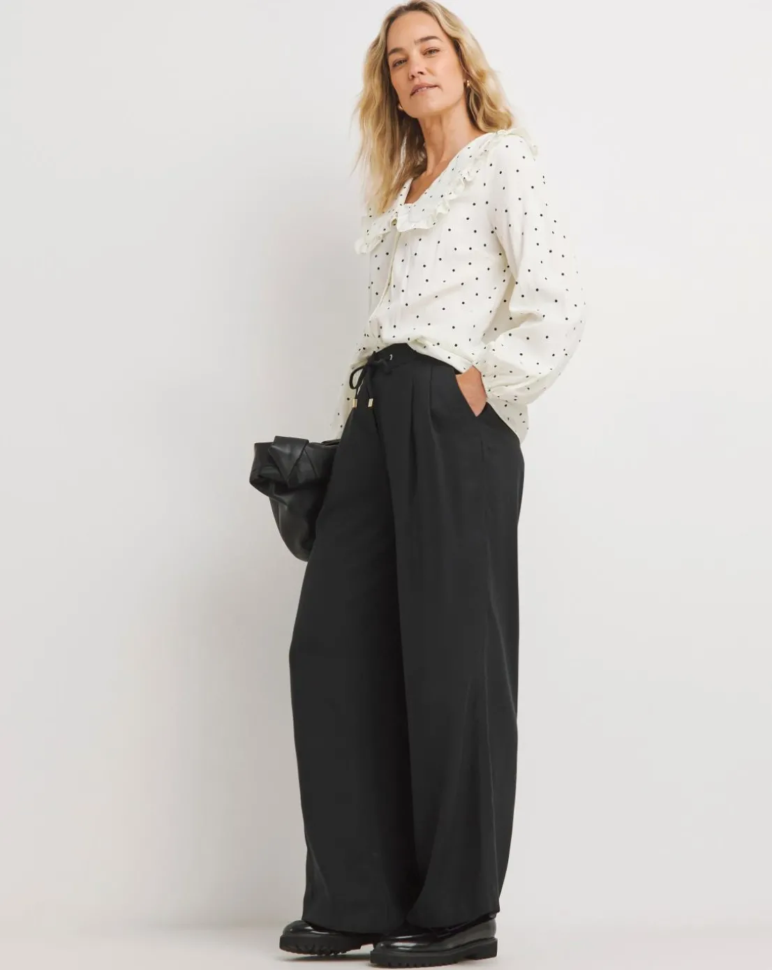 Womens Collar Detail Frill Button Through Blouse - Cream Spot