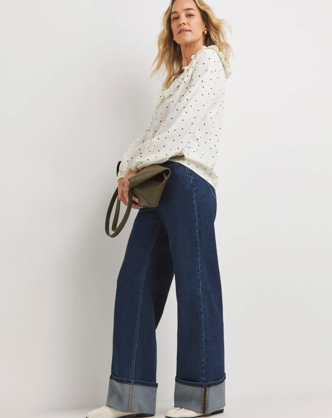 Womens Collar Detail Frill Button Through Blouse - Cream Spot