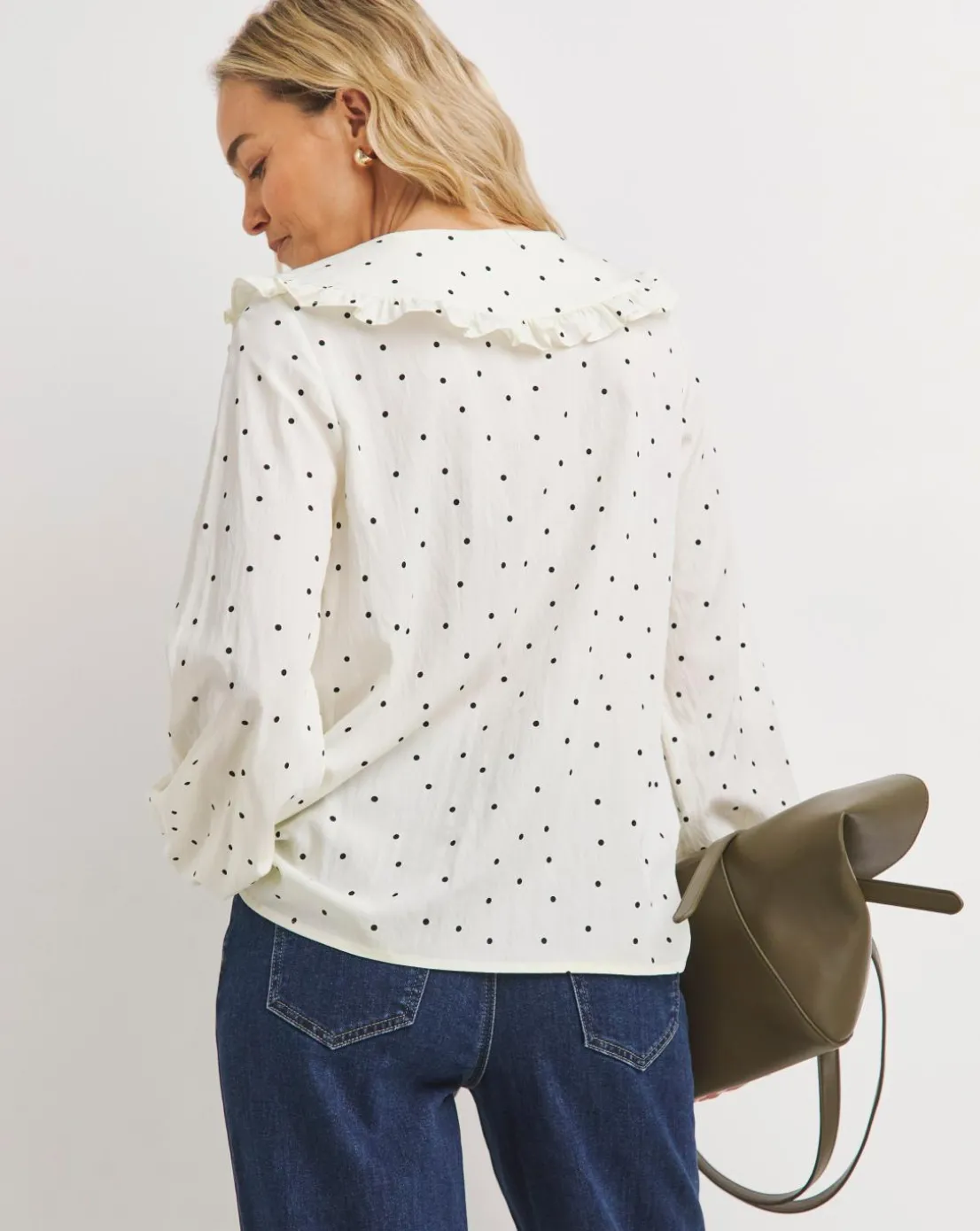 Womens Collar Detail Frill Button Through Blouse - Cream Spot