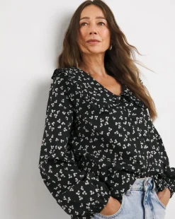 Womens Collar Detail Frill Button Through Blouse - Black Floral
