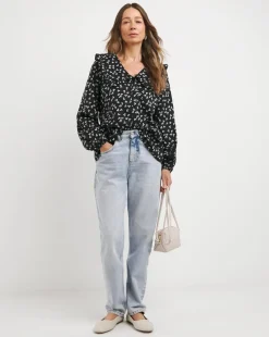 Womens Collar Detail Frill Button Through Blouse - Black Floral