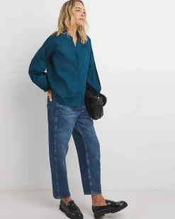 Womens Cotton Poplin Collarless Button Through Blouse - Navy