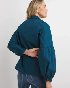 Womens Cotton Poplin Collarless Button Through Blouse - Navy