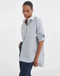 Womens Cotton Poplin Contrast Collar Oversized Shirt - Blue Stripe