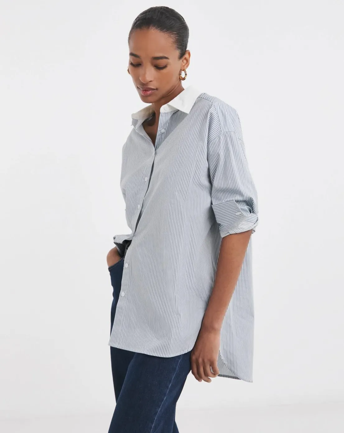 Womens Cotton Poplin Contrast Collar Oversized Shirt - Blue Stripe