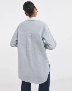 Womens Cotton Poplin Contrast Collar Oversized Shirt - Blue Stripe