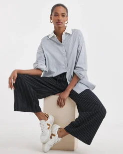 Womens Cotton Poplin Contrast Collar Oversized Shirt - Blue Stripe