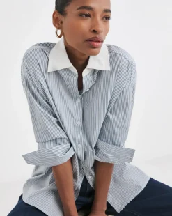 Womens Cotton Poplin Contrast Collar Oversized Shirt - Blue Stripe