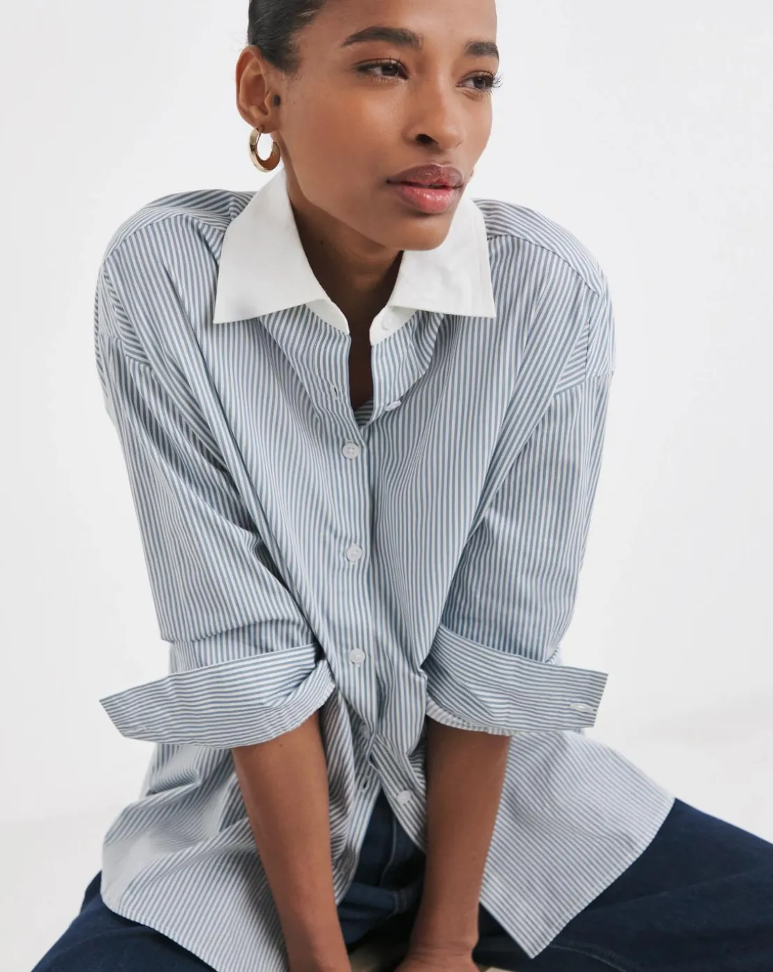 Womens Cotton Poplin Contrast Collar Oversized Shirt - Blue Stripe